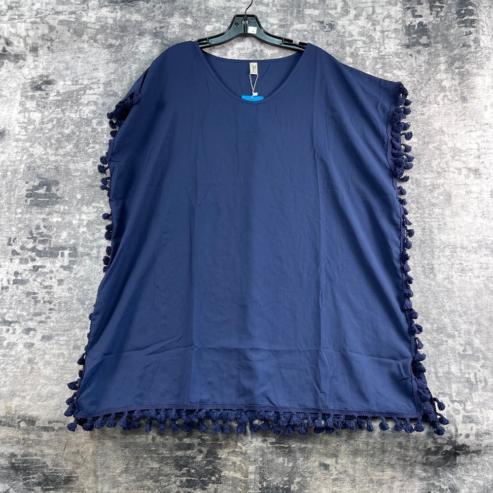 Yincro Women's Size 8 Navy Blue Pom Pom Tassel Tunic Top‎ Poncho Cover Up NWT